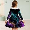Girls High Neck Long Sleeve Tie Dye Printed A Line Flared Dress With Fur Trim And Big Bow