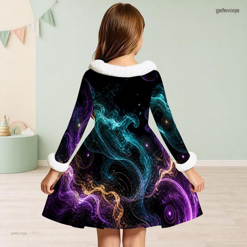 Girls High Neck Long Sleeve Tie Dye Printed A Line Flared Dress With Fur Trim And Big Bow