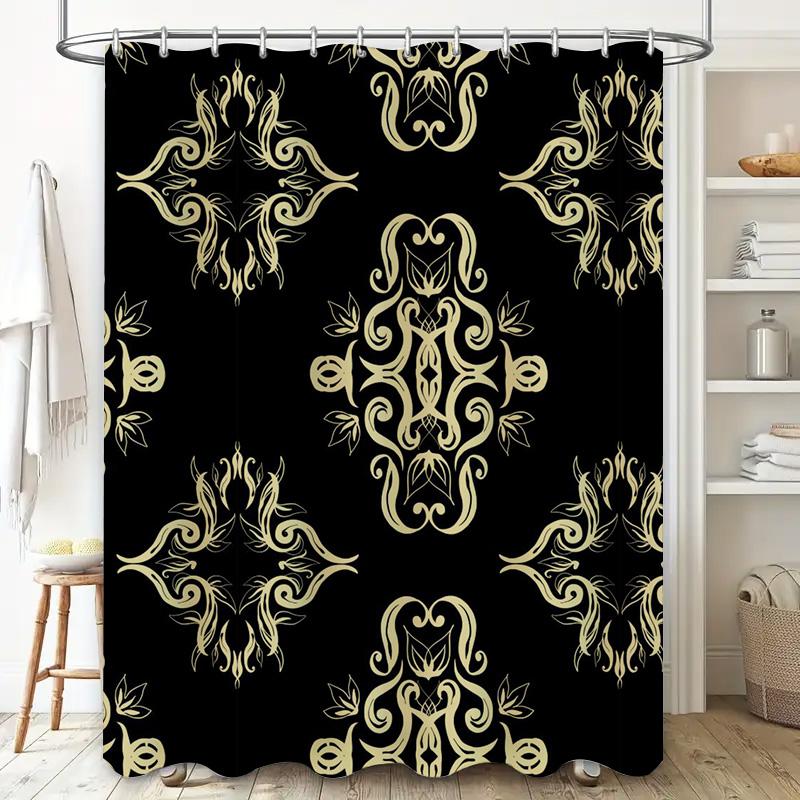 Luxury Golden Floral Print Bathroom Shower Curtain Modern European Style Decor Home Decoration Waterproof Fabric Black and Gold