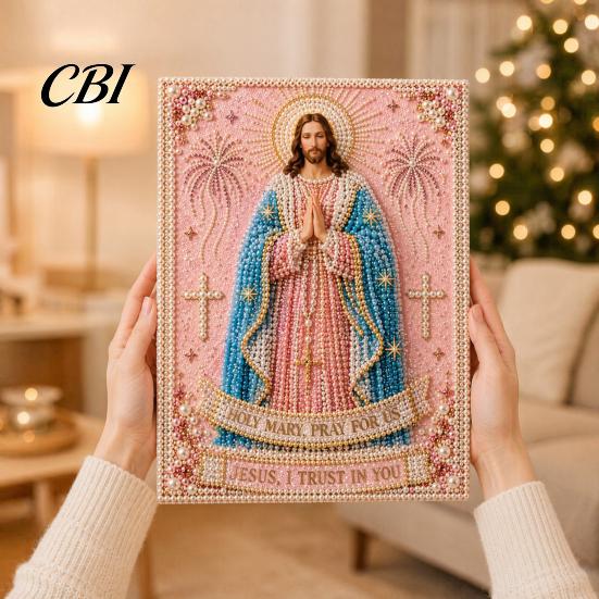 3D Pearl Texture Art Mary Painting Kit, Divine Mercy Jesus Holy Religious DIY Kit for Adults Faux Craft Set Beginners Christian Wall Decor