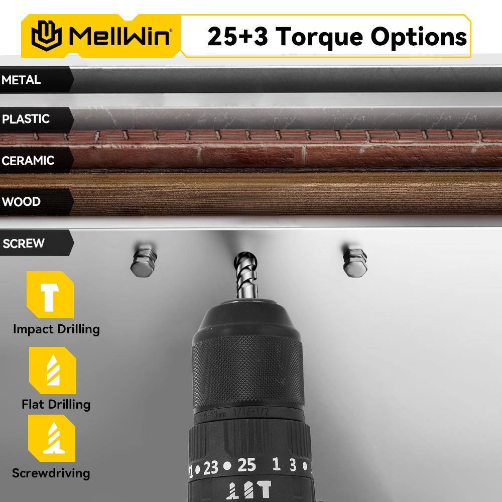 MELLWIN 13 мм бесщеточный электрический перфоратор 25+3 крутящий момент плоская дрель отвертка набор домашних электроинструментов DIY для Makita 18 В аккумулятор