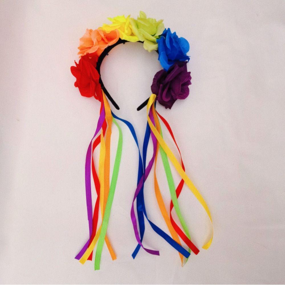 Cute Rainbow Rose Hair Hoop Artificial Flowers Festive Party Hair Accessory  Birthday