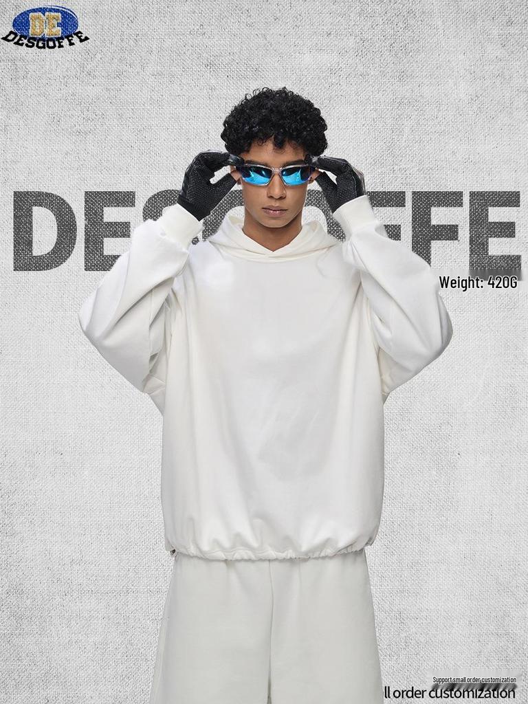 DE Men's Moleskin Twill Hoodie: Boxy Short Wide 420G Sweatshirt with Adjustable Hem Drawstring, American Style