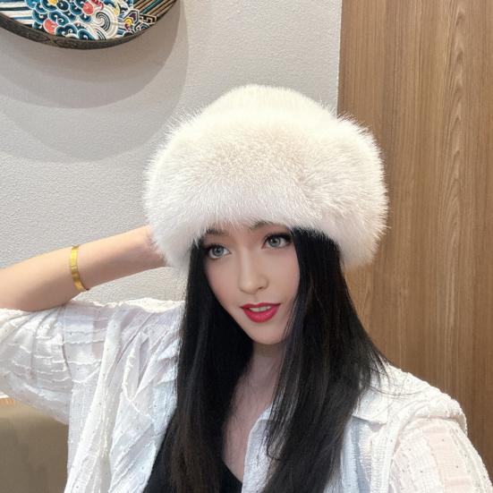 Women Winter Hat Thick Plush Faux Fur Heat Retention Windproof Mongolia Style Bucket Hat Solid Color Outdoor Cycling Skiing Panama Cap
