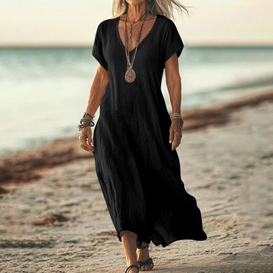 Женское хлопковое льняное платье макси, повседневное, с коротким рукавом, V-образным вырезом, длинное платье, летний пляжный сарафан для отдыха