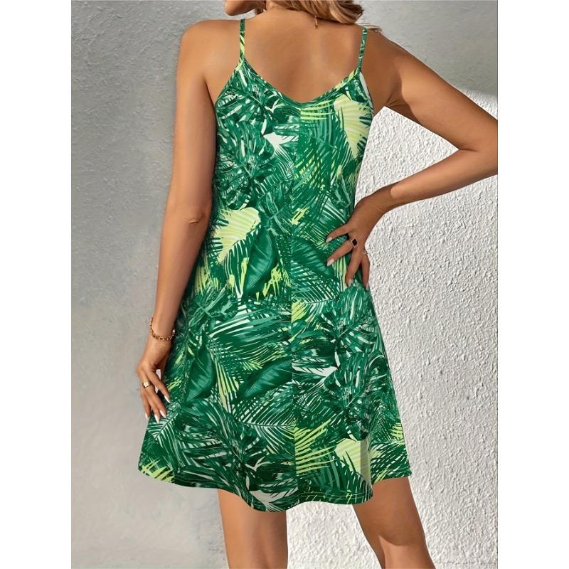 Tropical Plant Print Cami Dress, Vacation Casual V Neck Sleeveless Dress For Summer, Women's Clothing
