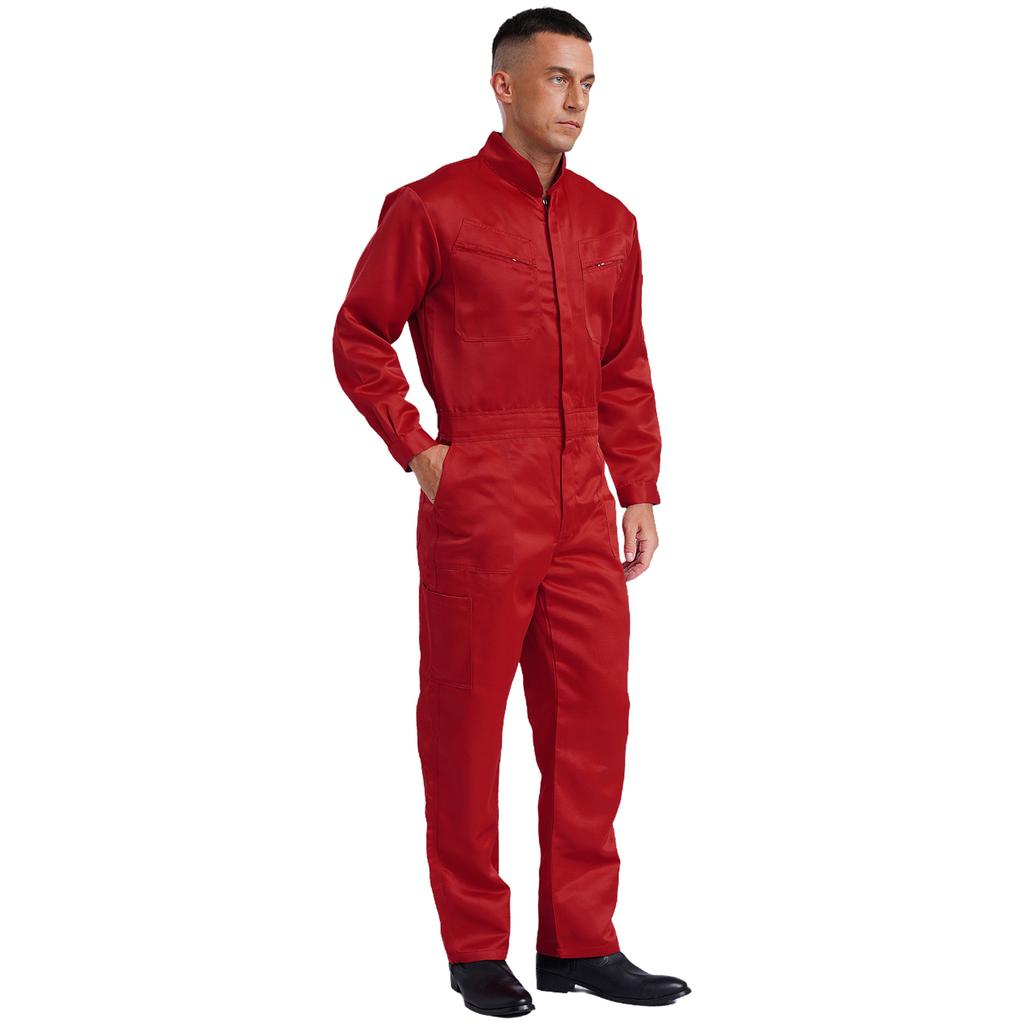 Mens Pure Cotton Jumpsuit Stand Collar Design Long Sleeve Front Zip Overalls Work Uniform Coveralls