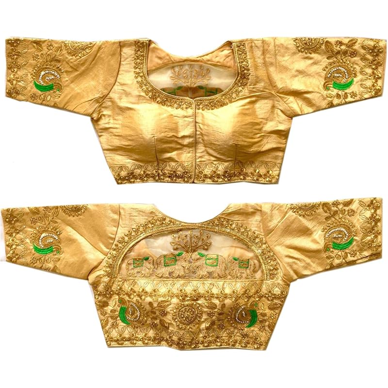 Женская блузка-сари Pujia Mills 'Phantom Silk Elephant' с коротким рукавом (Золотой, 38)