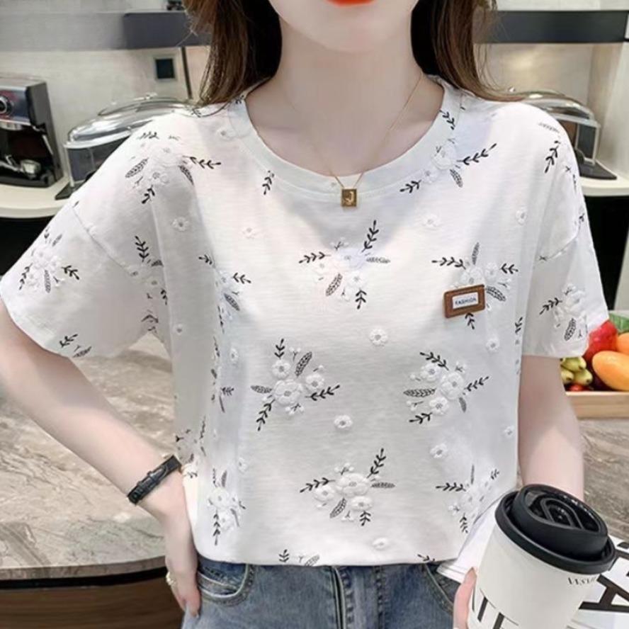 Женские модные повседневные летние весенние блузки и рубашки с цветочным узором и коротким рукавом с круглым вырезом