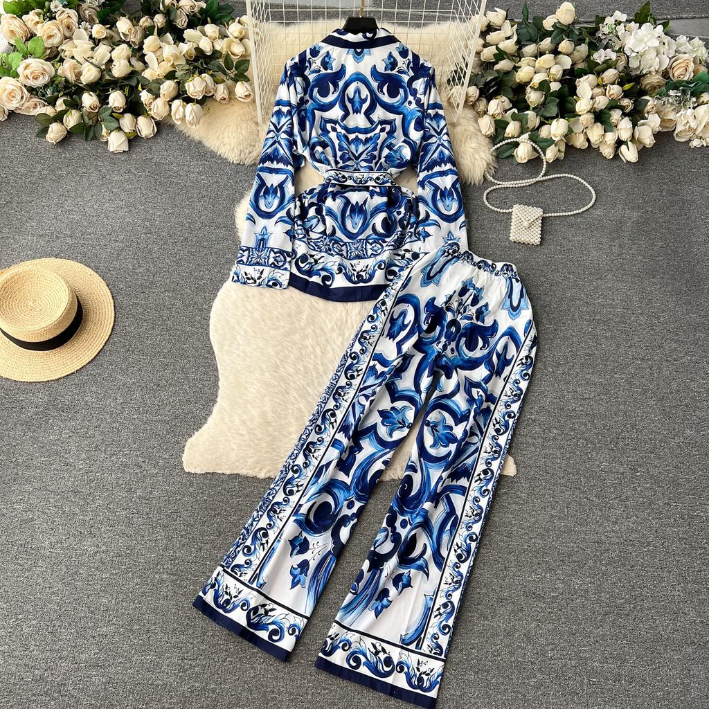 Fashion Designer Vintage Printed Two Piece Set for Women's Long Sleeve Blazer Collar Shirt+high Waisted Straight Pants Office Lady Outfits