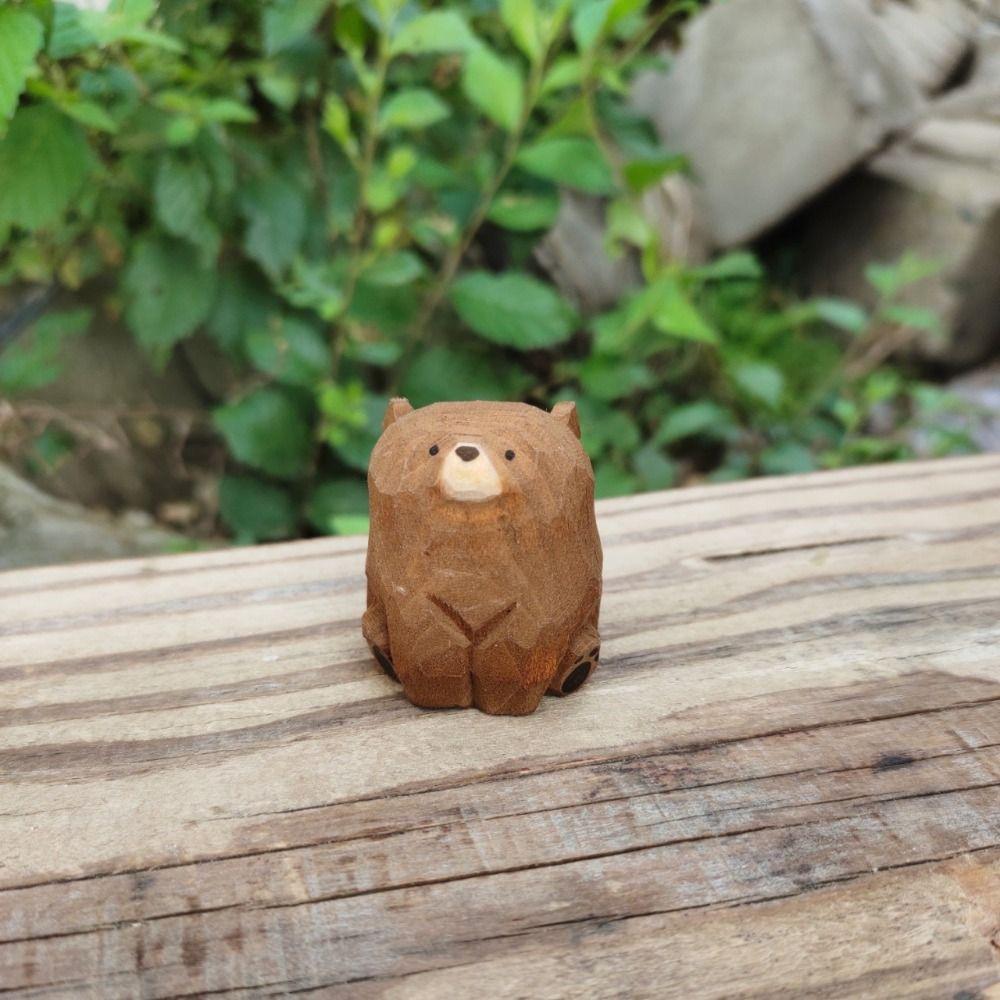 Cute Wooden Bear Figurines Solid Wood Mini Bear Statue Creative Polar Bear Ornament  Car