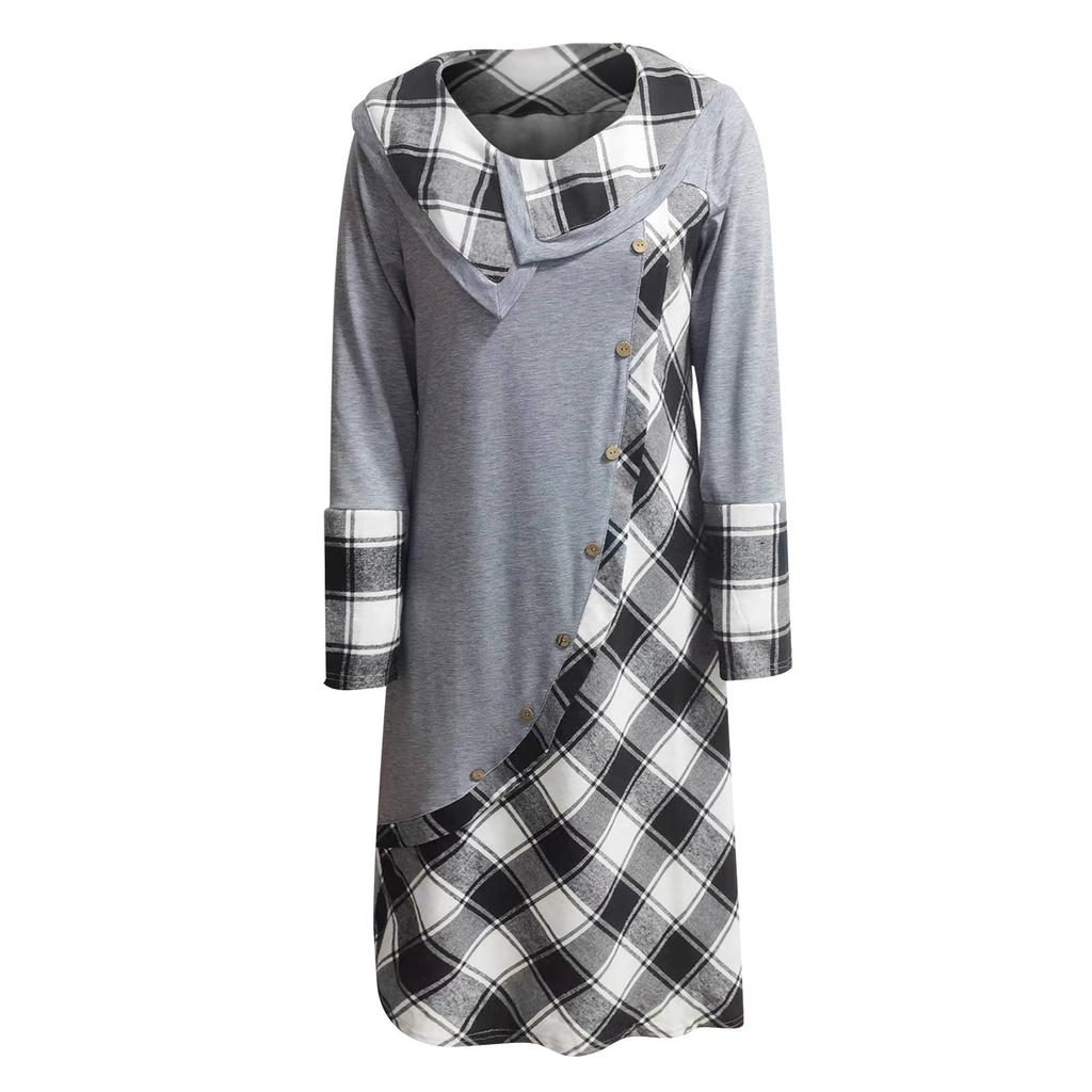 Women's Fashion Plaid Stitching Button Pockets Pile Neck Long Sleeve Dress