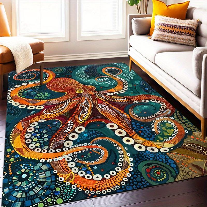 Vintage Octopus Design Area Rug - 100% Polyester, Non-Slip, Fade-Resistant, Hand Washable, Indoor Use for Living Room