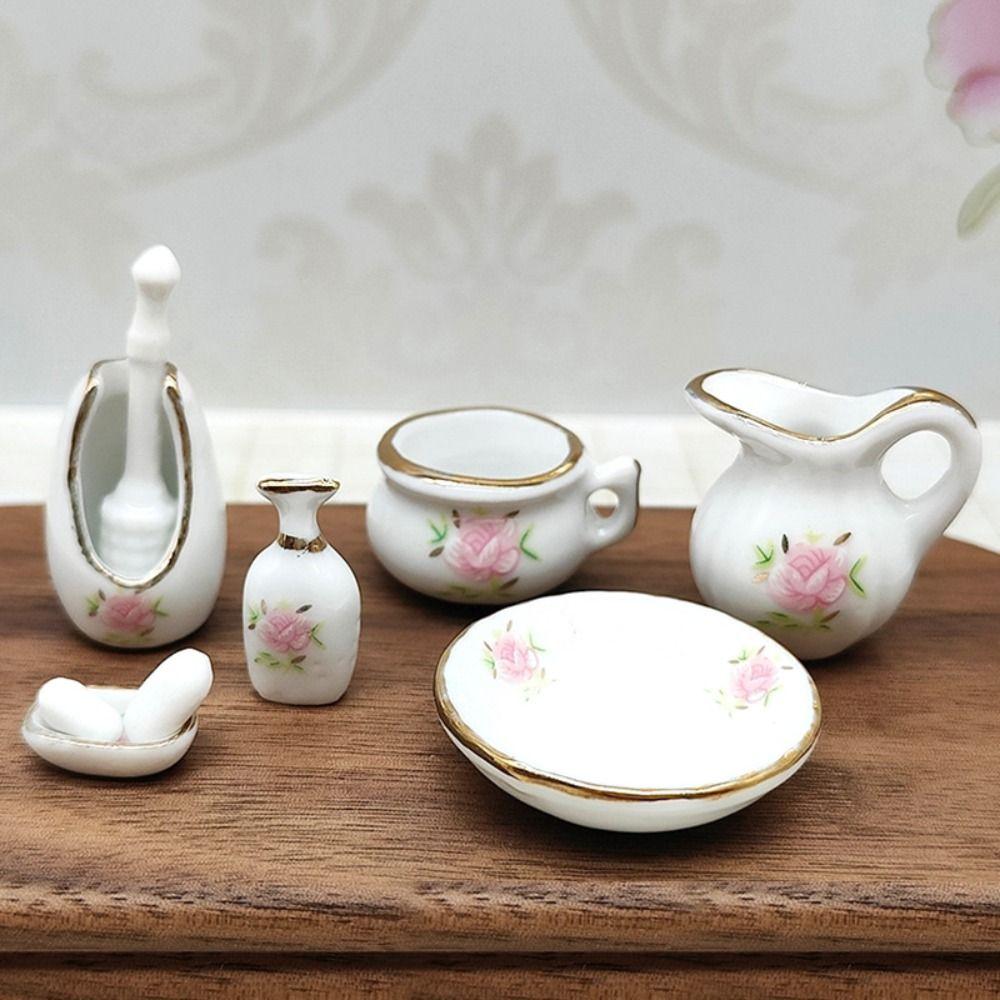 1/12 Scale Ceramic Dollhouse Furniture Rose Floral Miniature Furniture Porcelain  Home Decor