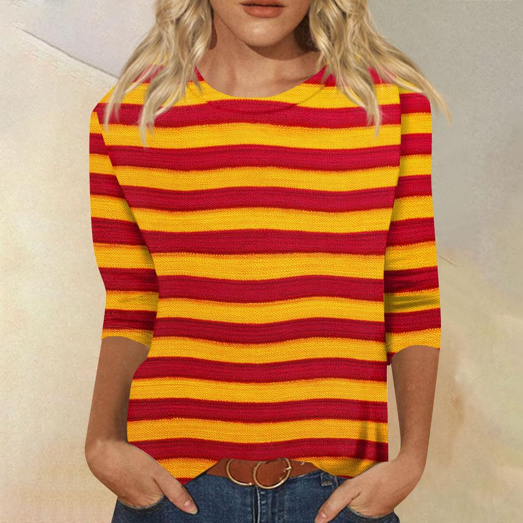 Женская модная повседневная футболка с круглым вырезом, рукавом три четверти, в полоску с принтом