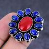 Italian Red Coral, Lapis Handmade 925 Sterling Silver Jewelry Ring Size 8 I6C52
