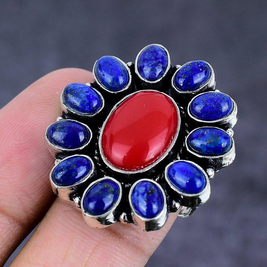 Italian Red Coral, Lapis Handmade 925 Sterling Silver Jewelry Ring Size 8 I6C52