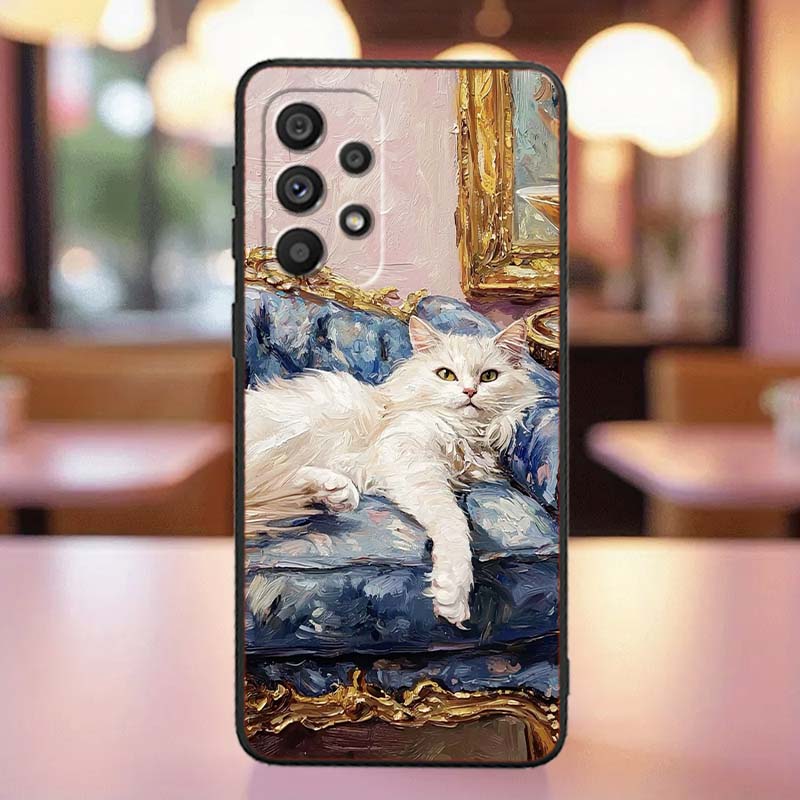 Милая мультяшная кошка Иллюстрация Для Samsung A41 A35 A34 A33 A32 A25 A24 A23 A21s A06 A05 A04 A03 Note 10 20 Ultra 5G Черный Чехол
