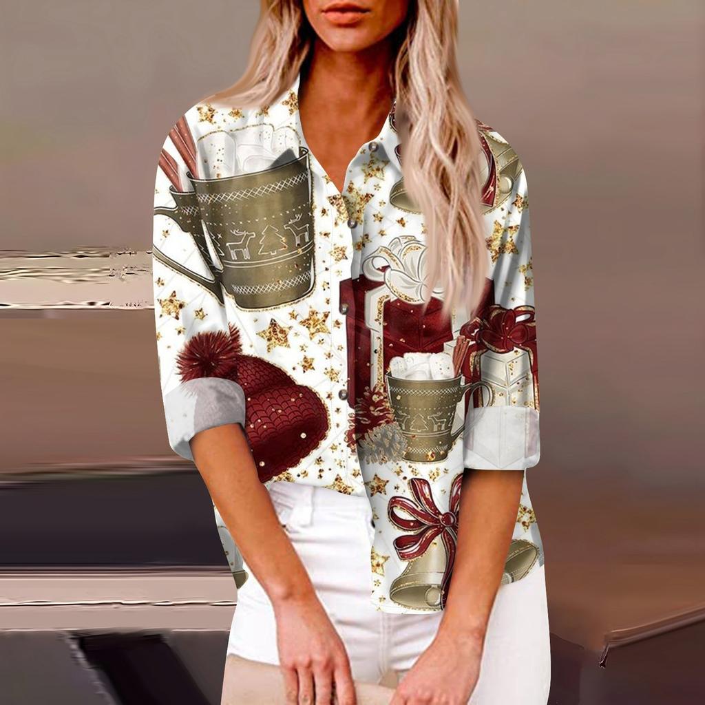 Женская свободная повседневная рубашка с длинными рукавами и рождественским принтом, кардиган с принтом и карманами
