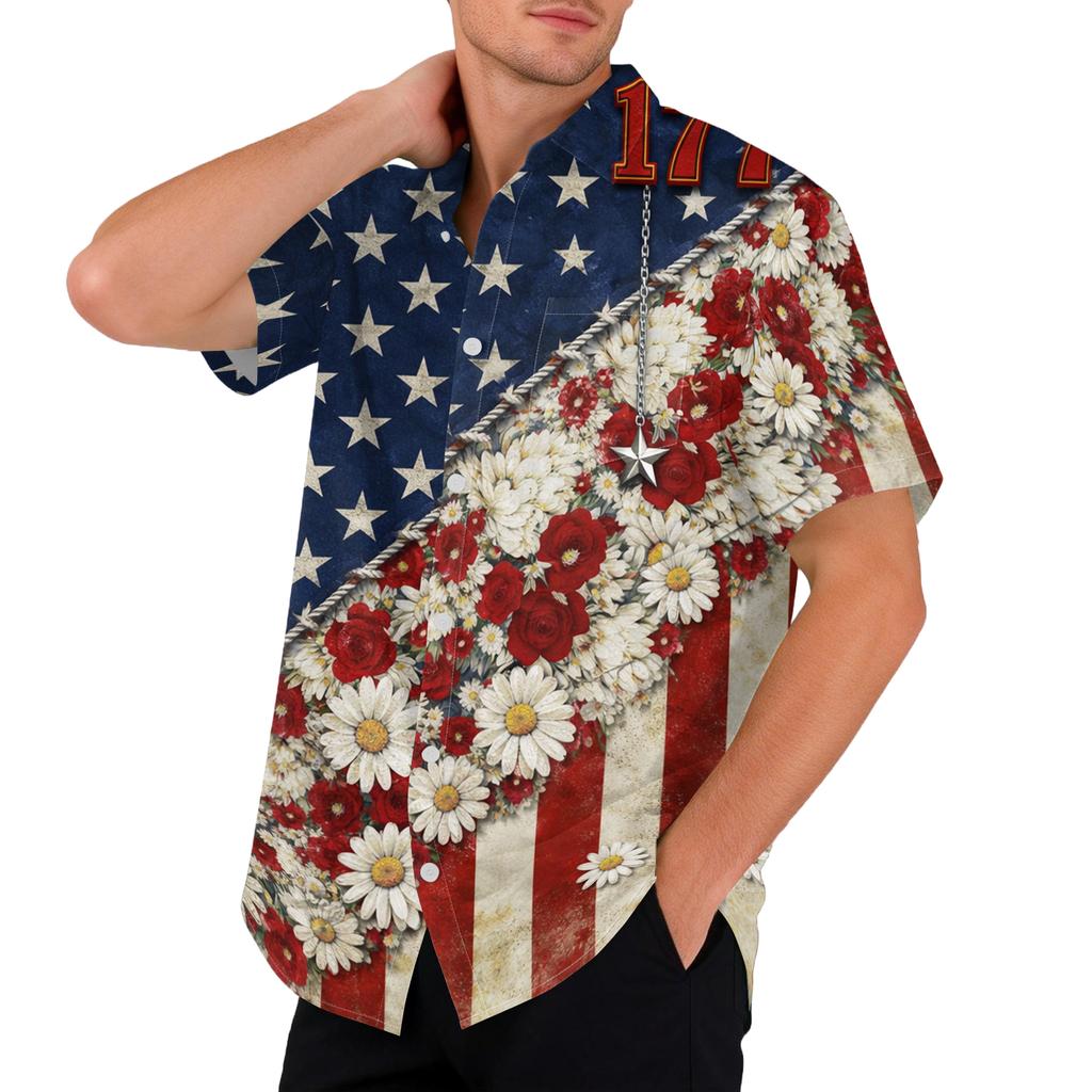 Men's Casual Printed Short Sleeve Open Front Cardigan, Independence Day Festival Tops
