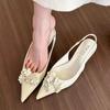 2024 Summer Fashion Back Strap Sandals Rose Flower Decoration Pumps Pointed Toe Slingback Shoes Solid Wedding Low Heel Mules