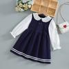 Платье в школьном стиле для девочек ясельного возраста, темно-синее с белым, воротник с оборками, пышные длинные рукава, 2-6 лет, детское платье