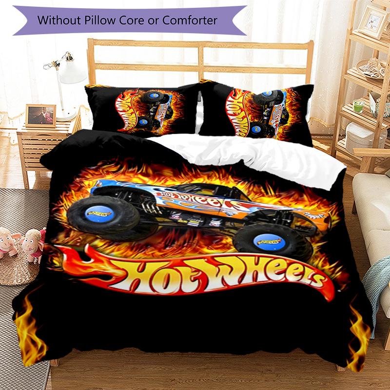 3pcs Hot Wheels logo pattern bedding set duvet cover set includes duvet cover &pillowcases, perfect all season bedroom decoration & gift