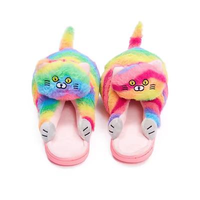 Кавайные радужные тапочки-котята для женщин, пушистые домашние шлепанцы, обувь, домашние тапочки-котята для женщин, зимние теплые комнатные шлепанцы