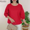 Women Casual Round Neck Loose 3/4 Sleeve Blouse