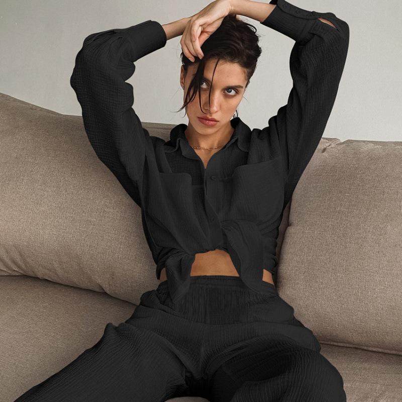 Женский модный комплект-двойка 2025: Рубашка с длинным рукавом и брюки прямого кроя с высокой посадкой - Повседневный европейский и американский стиль