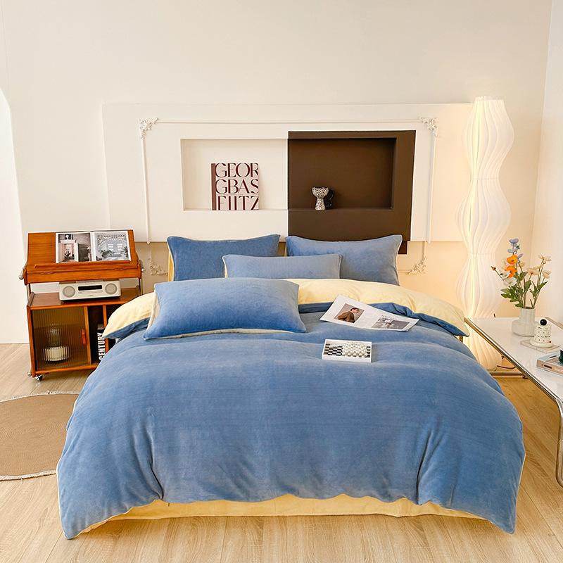 Double-sided Milk Fleece Four-piece Set, Thickened Coral Fleece Bed Linen, Fleece Thermal Flannel Quilt Cover
