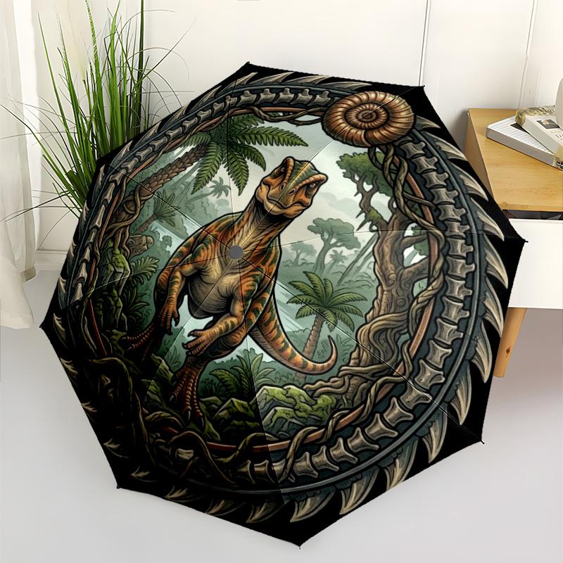 Prehistoric Dinosaur Emblem pattern umbrella, portable and foldable design, 8 ribs, a casual accessory for Halloween, Christmas, and birthday gifts.