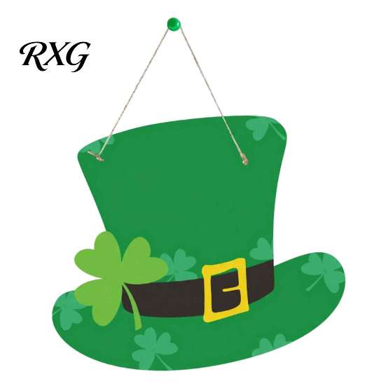 Rustic Farmhouse Porch Decoration St. Patrick's Day Wooden Door Sign, Luck Clover Green Hat Themed Hanging St Patrick Yard Sign Plaque, Decorative