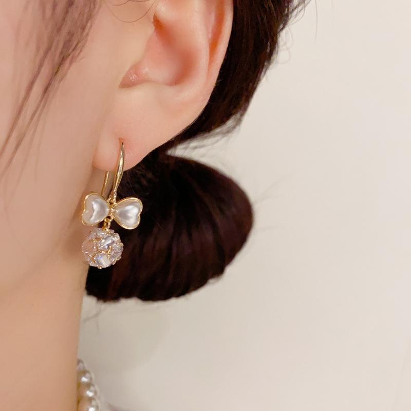Elegant French Pearl Bow Ball Tassel Drop Earrings Fashion Jewelry For Women