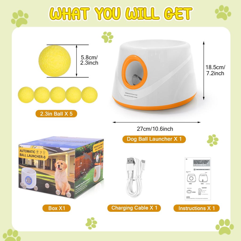 Automatic Ball Launcher for Dogs, Interactive Fetch Machine with 3-Level Distance(20-46ft) & 5 Balls, Dog Ball Thrower for Indoor & Outdoor Play