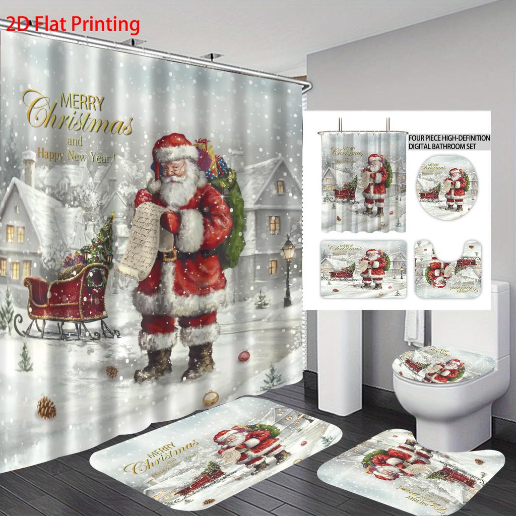 4pcs Merry Christmas Santa Claus Printed Bathroom Set 180x180 Waterproof Shower Curtain Floor Mat Toilet Mat U-shaped Mat