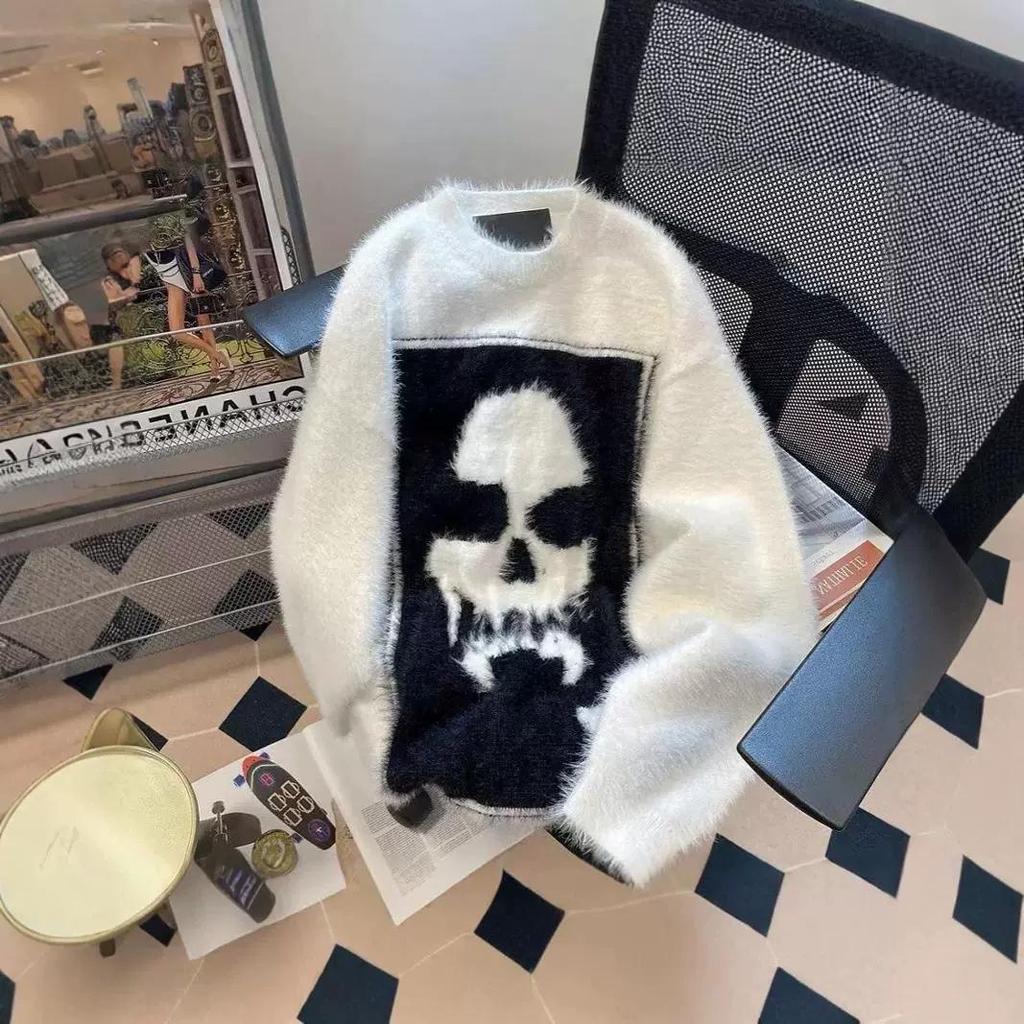 Унисекс Свитер из высококачественной норки с вязаным черепом - Модный уличный стиль