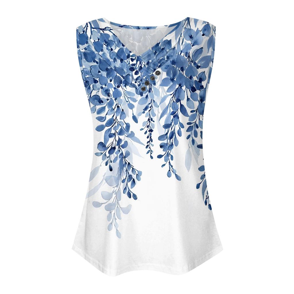 Summer Womens Tank Tops V Neck Casual Printed Sleeveless Shirts Casual Loose Fit Pleated Tshirts Tees Ladies Blouse