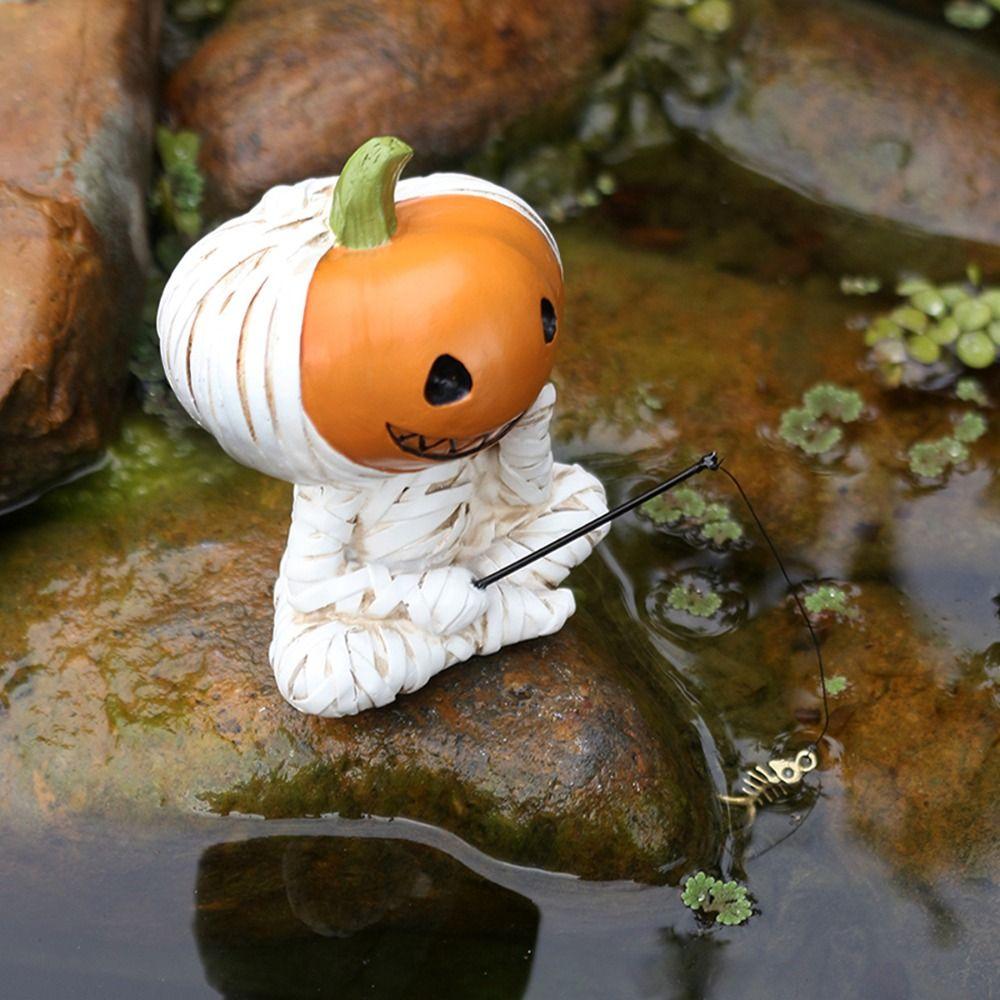 Cartoon Pumpkin Scarecrow Fishing Statue Resin Miniatures Figurine Pumpkin Elf Sculpture Balcony