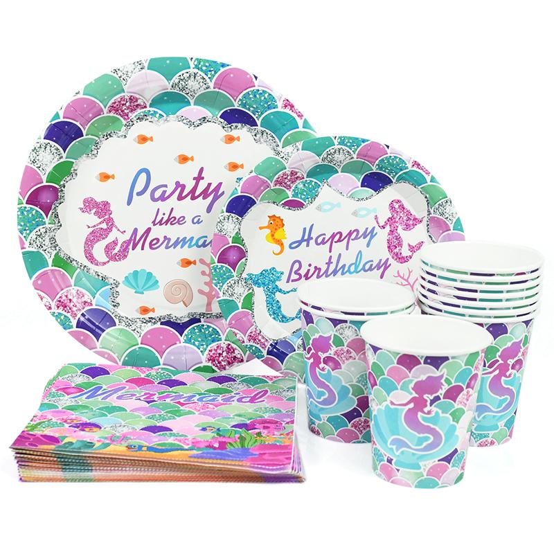 Набор одноразовой посуды «Русалочка» Бумажные тарелки для чашек на тему «Русалочка» Для детей и девочек Украшения для вечеринок на день рождения Под водой