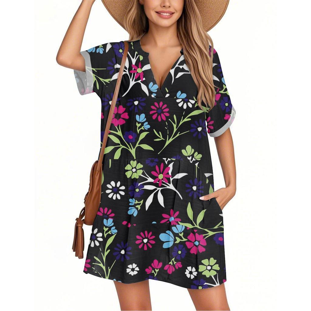 Women's Fashion Smock Hawaiian Floral Casual Short Sleeve V-neck T-shirt Dress Holiday Beach Dress