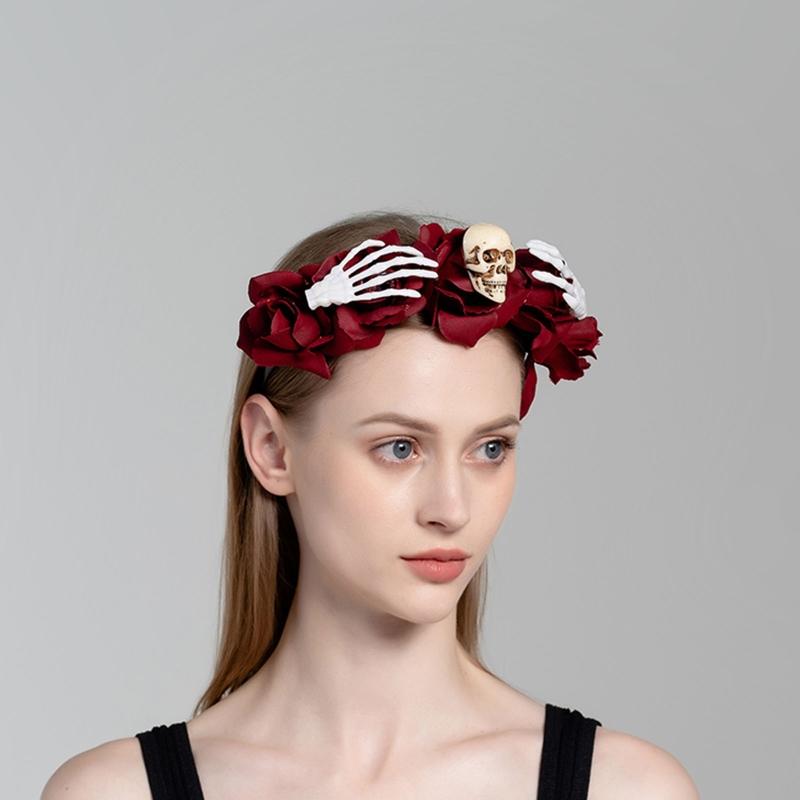 Skull Headband Halloween Tiaras And Crowns Halo Flower Headband Day of The Dead Headband Rose Flower Crown Hairband