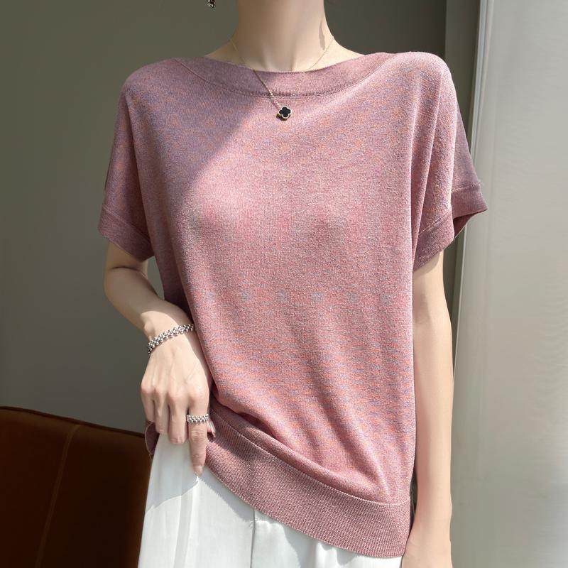 Women Knit T-shirt MODERN NEW SAGA Summer Knitted Shirt Short Sleeve Tees Slash Neck Pullover Knit Tops