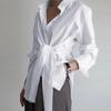 Elegant Long Sleeve Blouses Casual Cotton Office Shirts Button White Women Top Female Ruched Lace Up Solid Blouse Lady Clothes 18659
