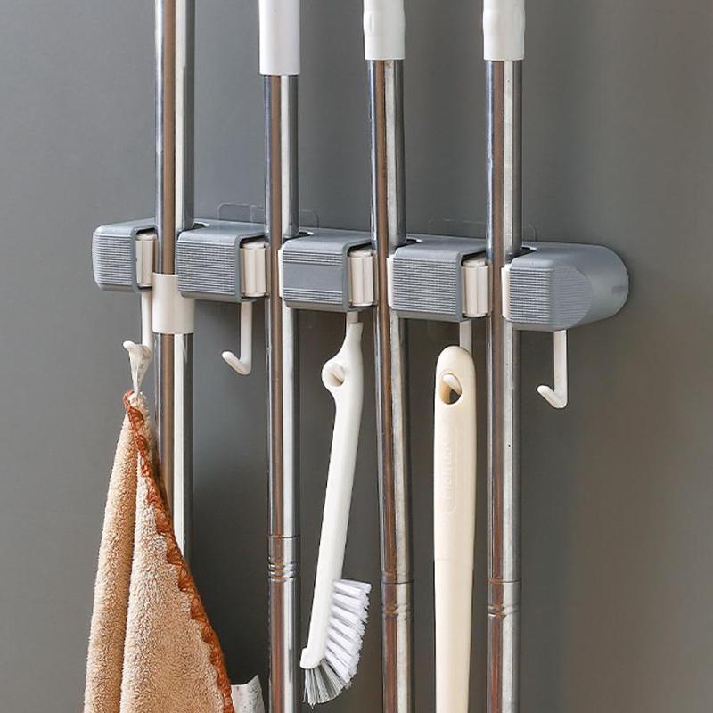 Wall Mounted Mop Holder Multi-Functional Broom Hanger Shelf Home Kitchen Storage Bathroom Suction Hanging Pipe Traceless Hooks