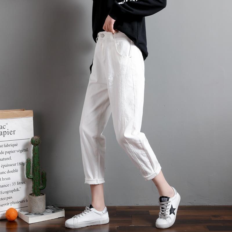 Укороченные брюки, сплошной цвет, джинсы больших размеров, женские свободные повседневные шаровары с высокой талией