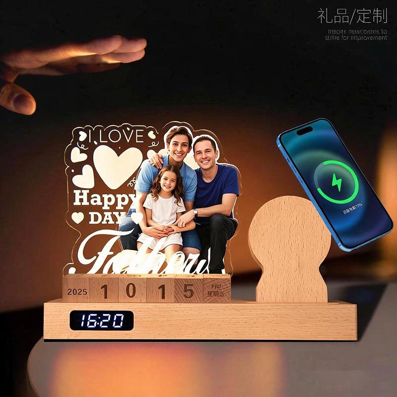 Photo Acrylic Night Light Custom Picture LED Lamp with Wooden Base for Mother's Day Father's Day Birthday Gifts Home Decor
