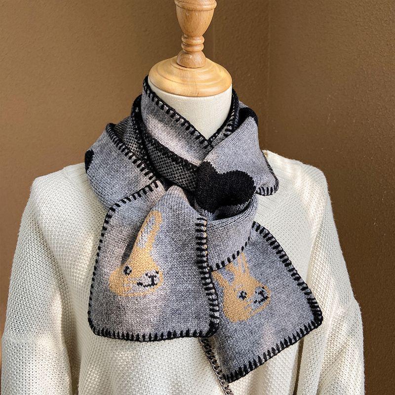 Короткий вязаный шарф для женщин на осень и зиму - мягкий, теплый в корейском стиле с рисунком в виде головы кенгуру