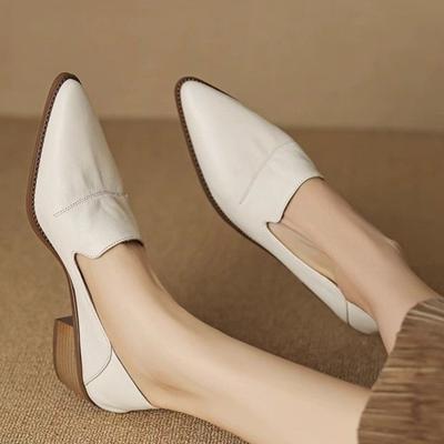 Модная женская обувь с острым носком, на толстом каблуке, средней высоты каблука, модная обувь, туфли с низким верхом, маленькие кожаные туфли
