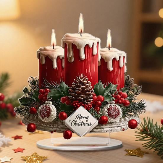 Christmas Tabletop Sign 2D Acrylic Desktop Sign with Candles Pine Cones Red Berries Pattern for Holiday Tiered Tray Home Party Decor